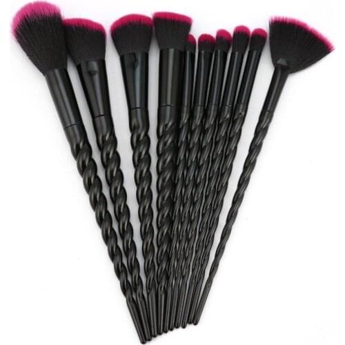 NEW BLACK+RED 10PCS/SET Spiral Design Plastic Handle Beauty Makeup Brushes Cosmetic Foundation Powder Blush Make Up Brush Tool