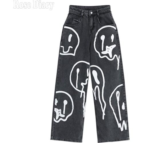 RoseDiary New Autumn Fashion Ins Street Hip-hop Printing Wash Jeans Loose Casual Denim Wide Leg Pants Tide Woman Long Trousers