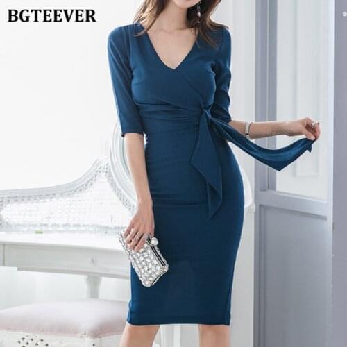 BGTEEVER Chic V-neck Half Sleeve Women Split Bodycon Dress 2021 Summer Slim Waist Lace-up Female Package Hip Dress OL Vestidos