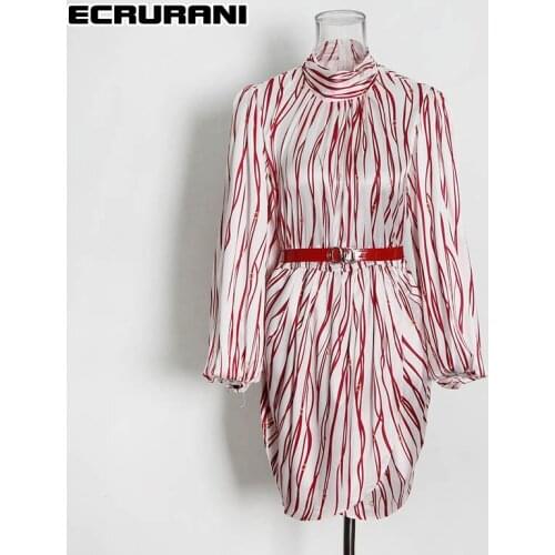 ECRURANI Sexy Dress For Women Stand Collar Striped Sashes Gathered Waist Loose Long Sleeve Mini Dresses Female 2021 Summer New