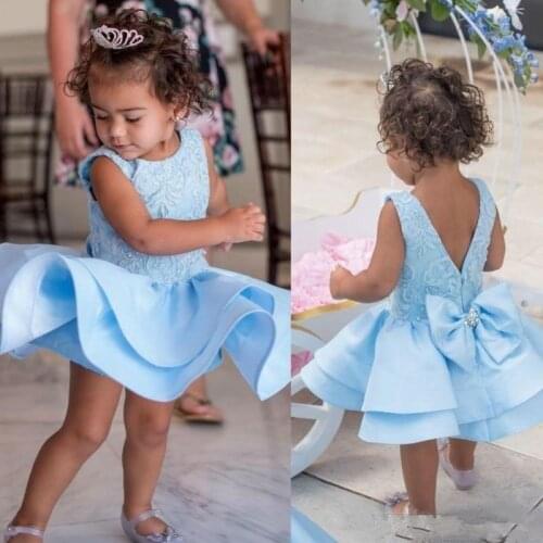 Sky Blue Mini Flower Girls Dresses Applique Tiered Party Toddler Pageant Baby Birthday Gowns Kids Cupcake First Communion Dress