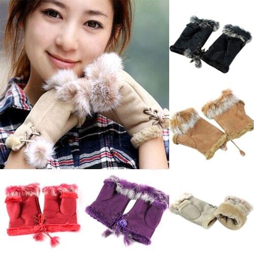 Hot Rabbit Fur Leather Lady Fingerless Suede Mittens Women Winter Gloves Retail/Wholesale 5BU5 6RE4 7F4A