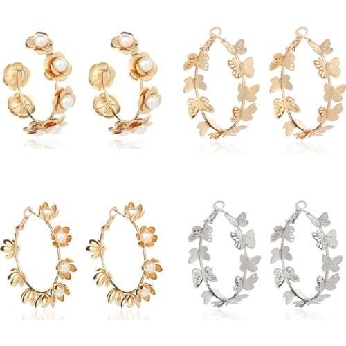 Vintage Metal Pearl Flower Butterfly Big Hoop Earrings for Women Fashion Gold Silver Color Pendientes Jewelry 2020 Fall Earrings