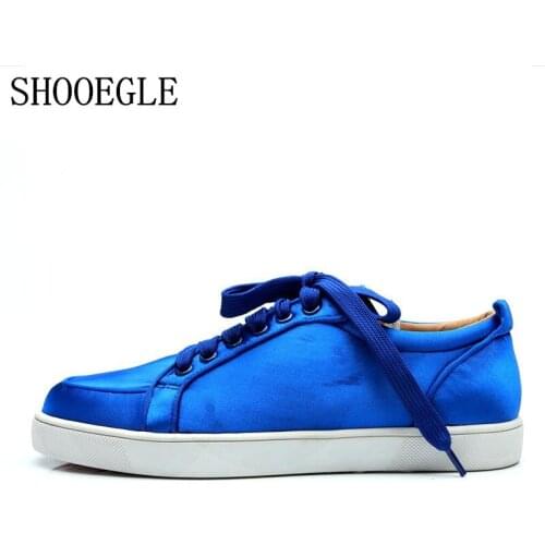 SHOOEGLE Plus Size39-47 Chaussures Hommes Men Blue Satin Silk Sneaker Lace-up Flat Low Top Shoes Men Runway High Quality Shoes