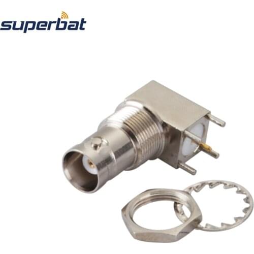 Superbat 10pcs BNC Thru Hole Jack Female Bulkhead Right Angle PCB Mount RF Coaxial Connector