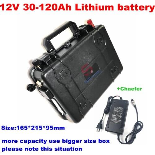 Waterproof case 12V 30Ah 60Ah 80Ah 100Ah 120Ah lithium battery pack for Outdoor portable power supply +charger