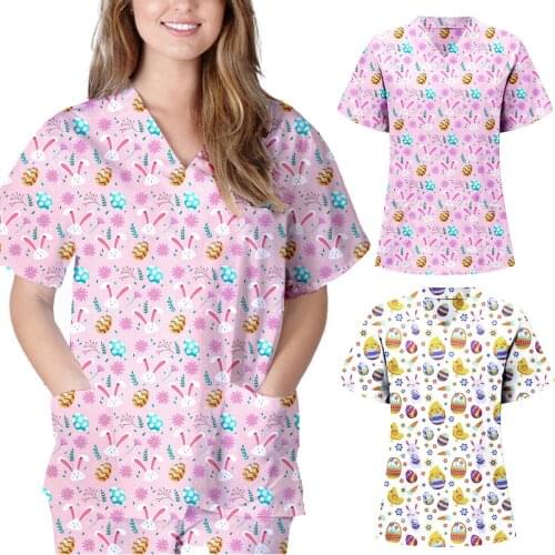 2021 Scrubs Women Uniform Easter Women Short Sleeve V-neck Rabbit Pattern Tops Nursing Uniform T-shirts bluza medyczna damska N