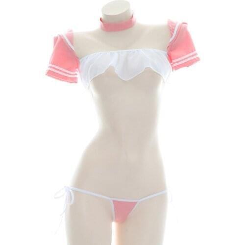 Women Sexy Pink Open chest Pajamas Sailor suit Japanese Lolita Cosplay Private JK Uniform Chiffon Tube Tops Panties Lingerie Set