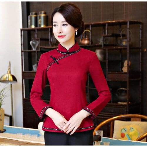 Shanghai Story Chinese Standing Collar Womans Shirt chinese traditional top Long Sleeve cheongsam top Chinese Linen blouse