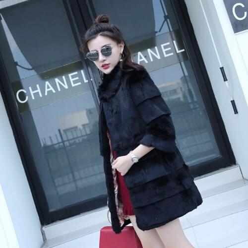 New Real natural genuine full pelt rabbit fur coat women 3/4 sleeve jacket custom long sleeve and any size