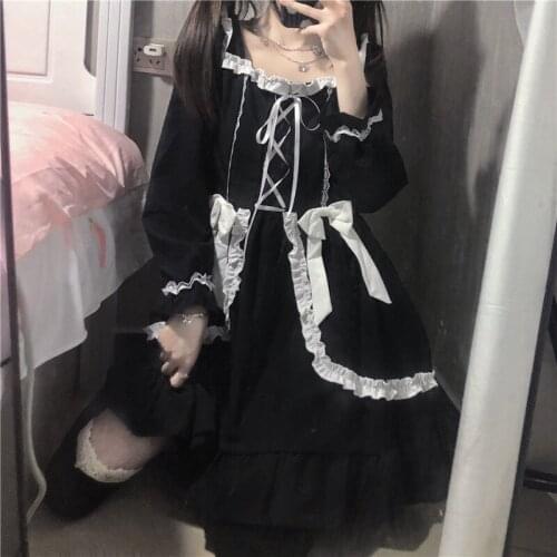Harajuku Women Black Gothic Lolita Dress Japanese Style Lantern Sleeve Kawaii Cute Bow Short Mini Dress StudentS Lace-Up Dress