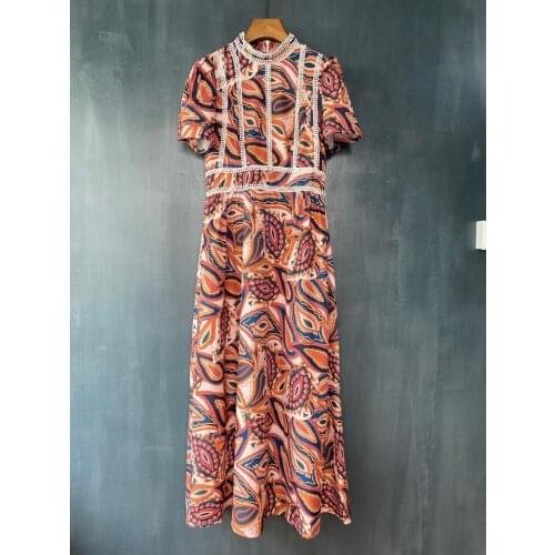 New 2021 Summer Long Dress High Quality Women Stand Neck Vintage Print Tassel Lace Patchwork Short Sleeve Casual Maxi Dress