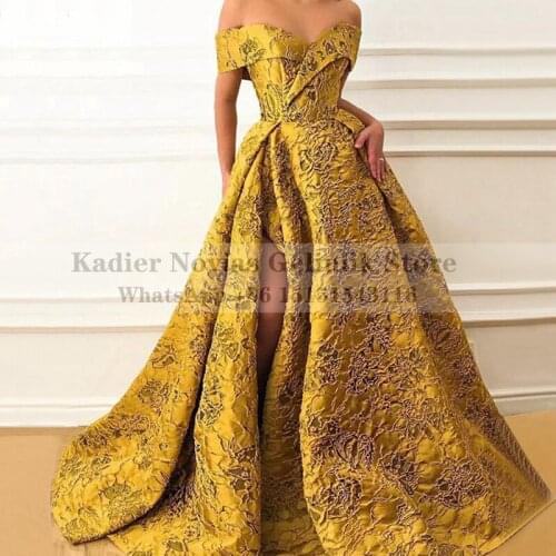 Womens Long Arabic Gold Yellow Lace Evening Dress 2021 Off the Shoulder with Slit Robe de Soiree Wedding Party Prom Dress
