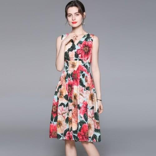 Summer Retro Camellia Floral Print Cotton Dress Womens Sleeveless V-Neck V Back Elastic Waist Boho Midi Dress k8671