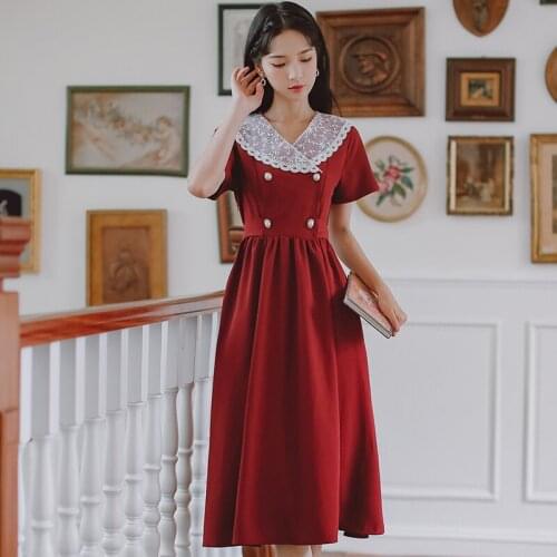 Women Chic Lace Embroidered V-neck Single-breasted Red Temperament Dress Vestidos Summer French Retro Midi Dress