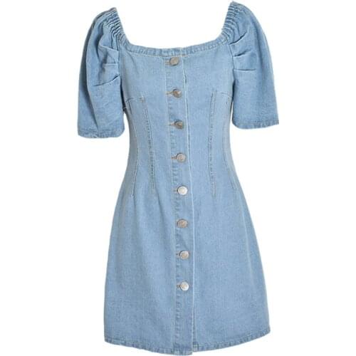 Plus size 5XL!Summer square collar denim dress women puff sleeve single breasted slim a-line dress
