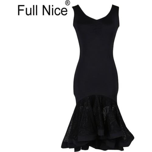 Women Girl Latin Dance Dress Black Lace Frill One-piece Gitba Lesson wear Rumba Samba waltz Tango practice competition