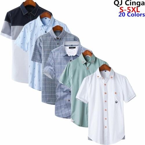 2021 New White Short Sleeve Cotton Shirt Mens Summer Large Size Striped Checked Shirts Blue Grey Black Men Top Camisa S-4XL 5XL