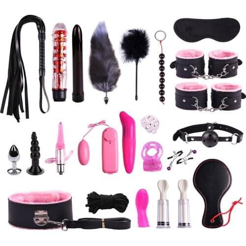 23pcs Adult Sexy Nylon Bondage Set BDSM Suit Exotic Couple Flirting Sex Toys Tied Rope Handcuffs Anal Plug Vibrator Nipple Clamp