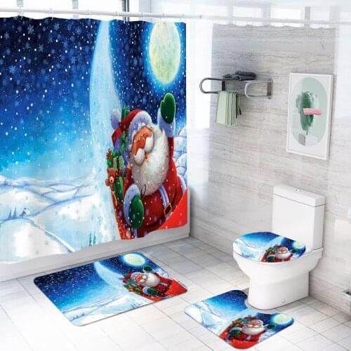 4 Pieces Merry Christmas Shower Curtains Sets Santa Claus Toilet Carpet 3D Print Snow Scene Bathroom Mat Sets For Kids Bath Set