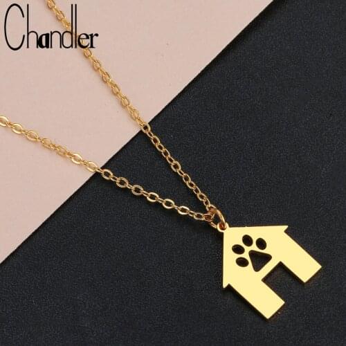 Chandler Stainless Fashion Cute Pets Dogs Footprints Paw House Necklace Pet Home Jewelry for Women Pet Lovers Gifts Chain Choker