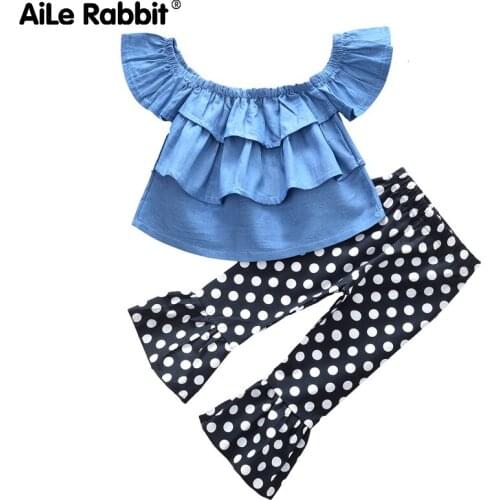 2019 INS New Girls Fashion Denim Set One-shoulder Denim Top Polka Dot Flared Pants Set Of 2 Fashion For Girls Baby Clothes