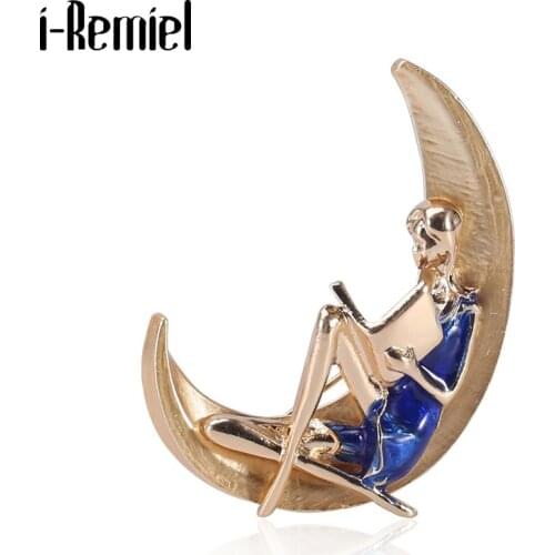 New Alloy Enamel Lapel Pin Blue Red Girl Reading Book on The Moon Brooches Fashion Jewelry Gifts Women Clothing Accessories