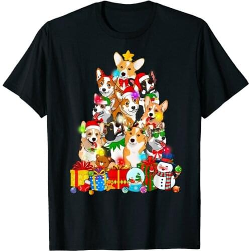 Funny Corgi Christmas Tree Lights Gift Dog Lover T-Shirt Harajuku Streetwear Top Men Fashion Cotton T Shirt Male
