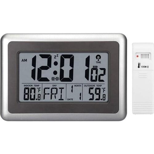 Quality Digital Atomic Wall Clock, Desk Alarm Clock, Battery Operated With Wireless Sensor 300 Ft / 100 Meter Range, Large Lcd