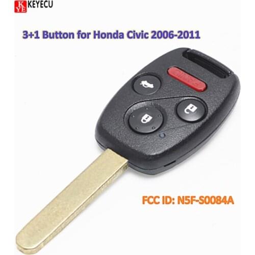 Keyecu New Brand Keyless Entry Remote Car Key Fob 3+1 Button for Honda Civic 2006-2011 Years FCC ID: N5F-S0084A