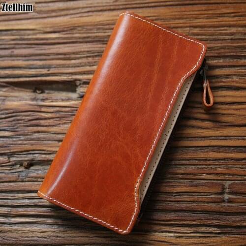 Genuine Leather Wallet For Men Women Natural Cowhide Vintage Handmade Long Clutch Purse With Card Holder Zipper Coin Pocket Bag