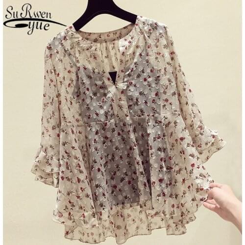 Summer women blouses 2021 womens clothing floral print chiffon blouse women short sleeves shirts womens tops and blouses 4612 50