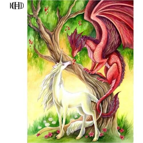 MHD DIY Red white unicorn full square/round Diamond Painting Cross Stitch Kits Mosaic Diamond Embroidery Patterns Rhinestones