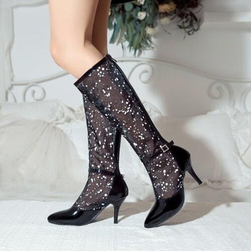 Fashion Summer Boots Mesh Zipper Woman High Heel Boots 2020 New Breathable Cool Boots Summer Women Sandals Large Size 32-43