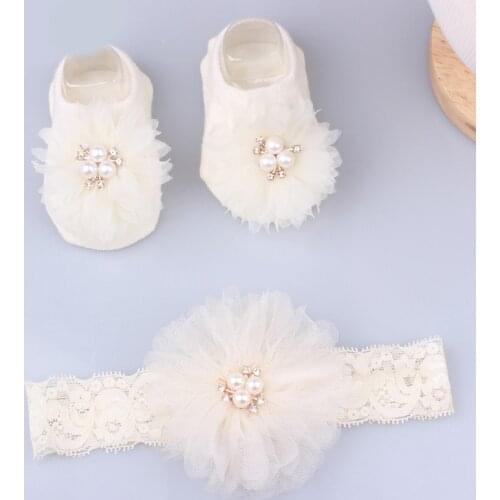 Lovely Pearl Bows Newborn Baby Girl Headband Socks Set Lace Flower Baby Hair Band Turban Baby Little Girl Hair Accessories