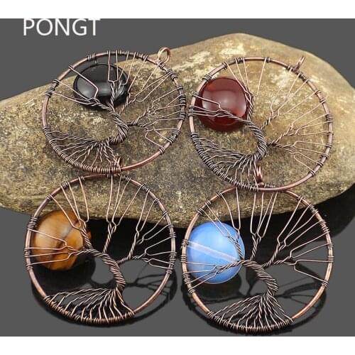 Natural stone Moon Tree of Life Necklace & pendants reiki chakra quartzs natural stones Copper Wire Wrapped opal Lunar jewelry