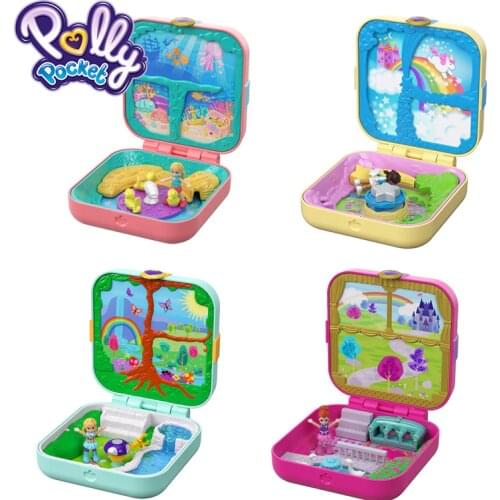 Original Polly Pocket Mini Toys Hidden Hideouts Unicorn Utopia Carry On Dolls Set 4 Type Gift Box GDK76 For Girls Birthday