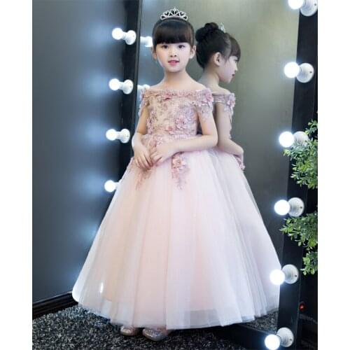 Off Shoulder Girl Dress Pink Appliques Flower Girl Party Ball Gown Prom Dresses Kid Girl Princess Wedding First Communion Dress