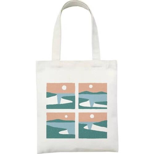 Beach illustration Cartoon Sunset On Beach Bag Large Capacity Handbags Shoulder Bags Printing Canvas Tote Bag Art Shopping Bag