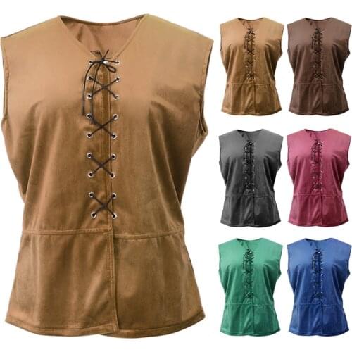 Renaissance Medieval Viking Pirate V-neck Loose Pullover Gothic Cotume for Men Adult Tank Top Loose Casual Clothing Solid Color