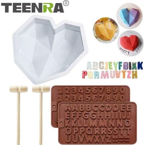 TEENRA 5Pcs Diamond Heart Shape Silicon Mould Mold 3D Letter Chocolate Mold Mousse Dessert Cake Mould Kitchen DIY Baking Tools