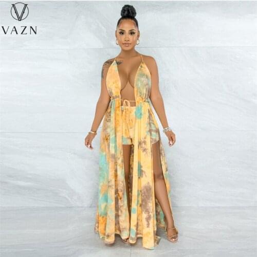VAZN 2021 INS Bohemian High-end Plus Size Holiday Sexy Chiffon Asymmetrical Halter Off Shoulder Short Pants Women 2 Piece Set