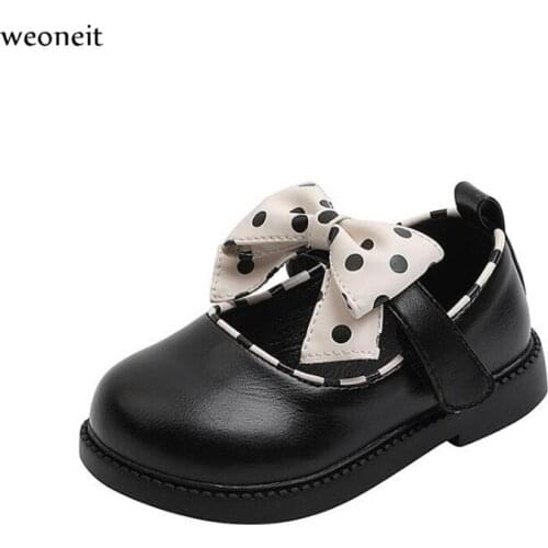 Weoneit New Polka Dot Bow Sweet Princess Girls Shoes Children Flats Kids Dress Shoes Leather Shoes for Wedding Party