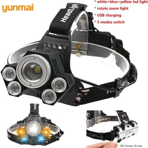 Yunmai light 5 LED Zoomable Headlight Blue Light Fishing Head Flashlight USB Rechargeable Powerful Headlamp Rotate Zoom Lantern