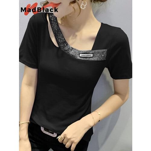 Summer European Style Cotton T-Shirt Solid Sexy Skew Collar Hollow Out Diamonds Women Tops Bottoming Shirt Casual Tees T16212A