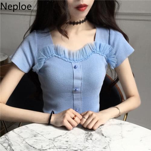 Neploe Spring 2021 Knitted T Shirts Women Korean Elegant Square Collar Tees Short Sleeve Slim Pull Femme Female Tops 1A493