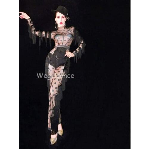 New Women Black Tassel Nude Dot Fringe Jumpsuit Birthday Prom Big Leggings Outfit Bar Women Singer Dance Stage Clothes