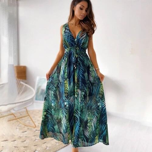Sexy V Neck Print Boho Sleeveless Backless Maxi Dress 2021Summer Casual Tank Vintage Long Dresses For Women Plus Size Robe Femme