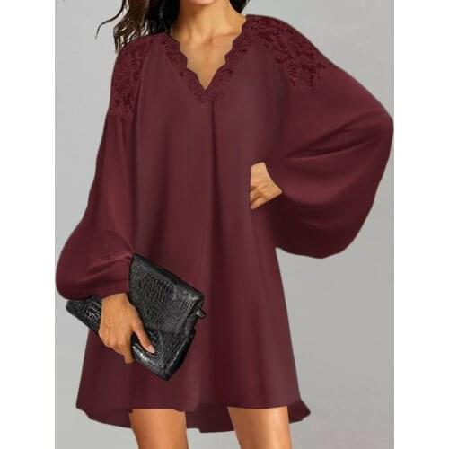 Women Fashion V Neck Puff Sleeve OL Office Shirt Dress ZANZEA Summer Elegent Lace Patchwork Loose Mini Sundress Casual Vestidos