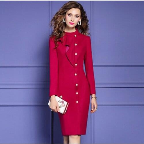 2021 Superior Quality Winter Autumn Office Lady Womens Clothing Dress Slim Long Sleeve Dresses Red Single Breasted Tweed Dress